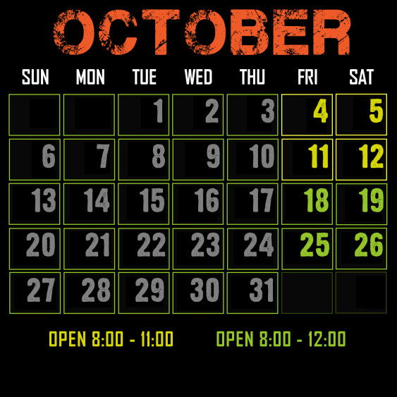 2023 Calendar: We're open every Friday and Saturday in October.